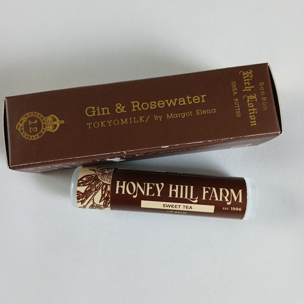 Set Of Honey Hill Farm Lip Balm & Mini Tokyomilk Gin & Rosewater Shower Gel